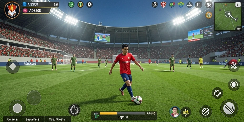Tangkapan layar menggambarkan aksi sepak bola intens dalam ADS508.