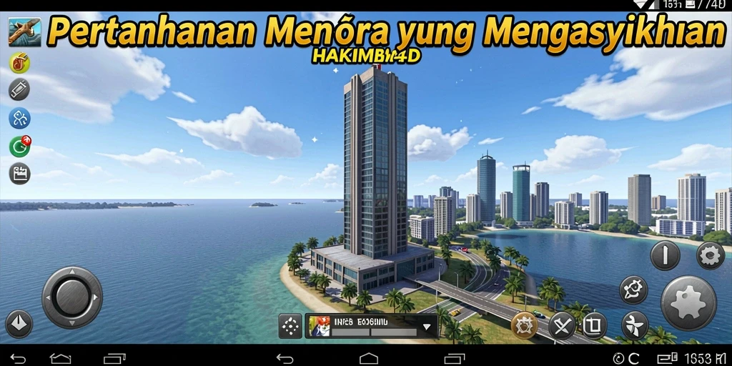 Gameplay HAKIM4D menampilkan menara strategis melawan gelombang musuh.