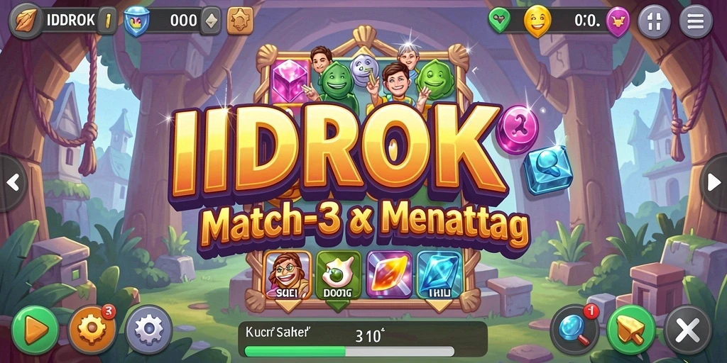 Tampilan seru gameplay Match-3 IDROK dengan berbagai permata berwarna.