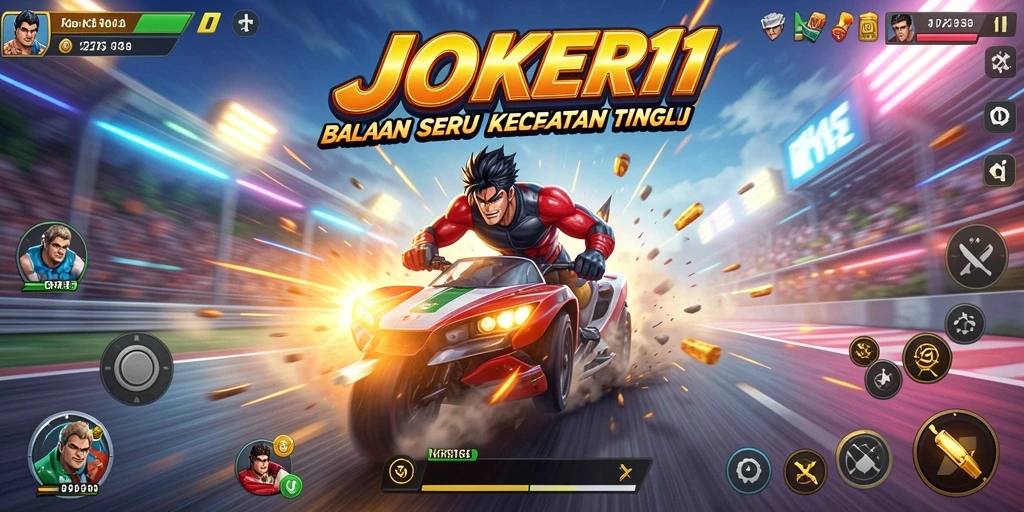 Screenshot gameplay utama JOKER11 dengan aksi balapan seru.