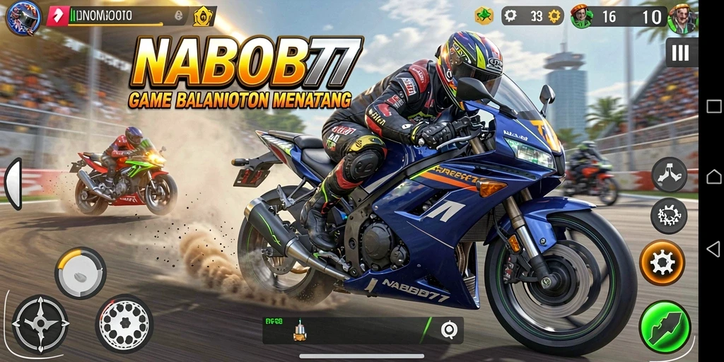 Tampilan gameplay seru NABOB77 dengan balapan motor yang intens.