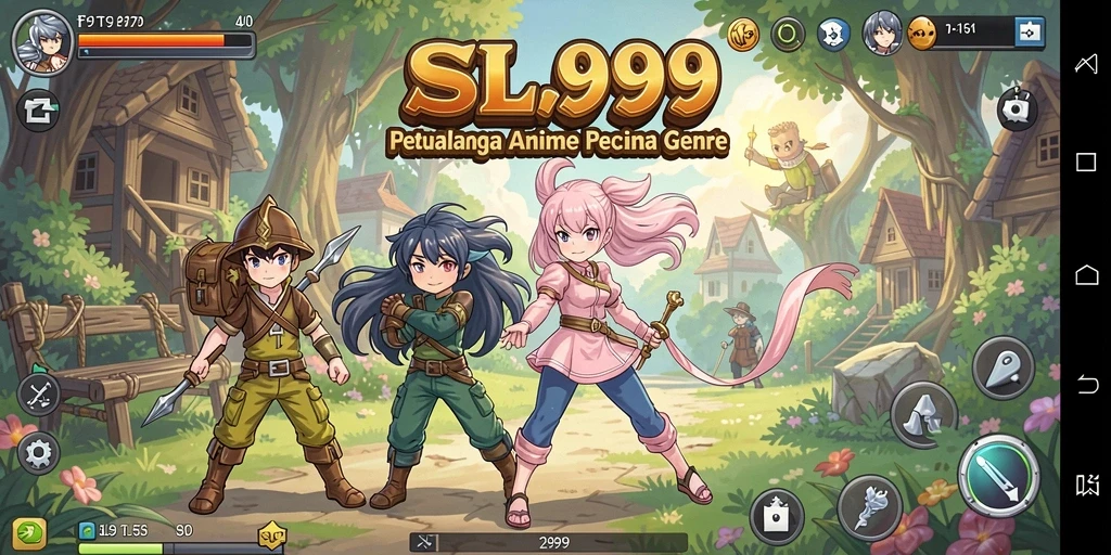 Screenshot gameplay SL999 menampilkan pertarungan epik dengan karakter Anime.
