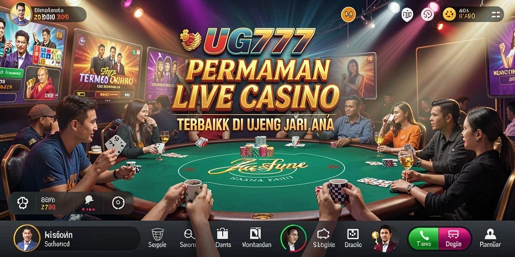 Screenshot permainan UG777 menampilkan dealer langsung dan atmosfer Live Casino yang mendebarkan.